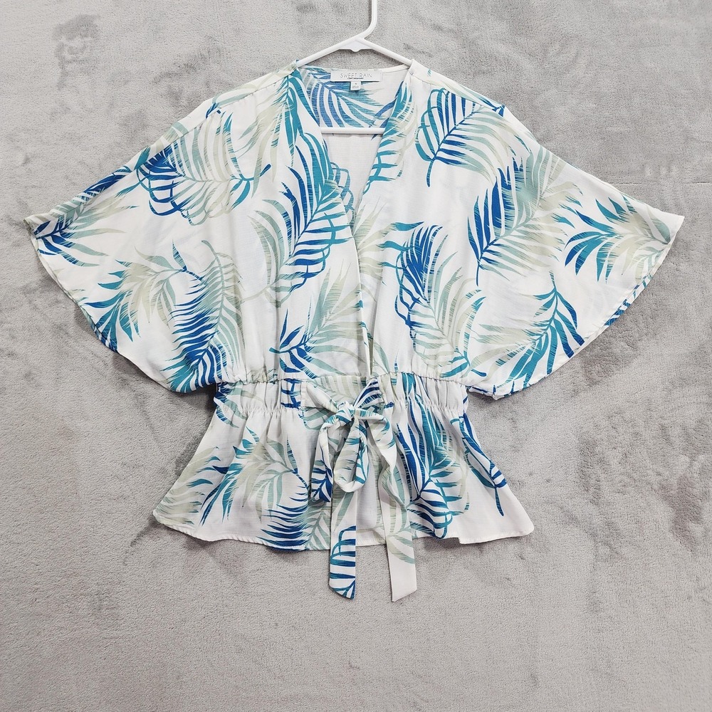 Sweet Rain Top Womens S White Blue Tropical Leaf Kimono Short Sleeve Tie Waist